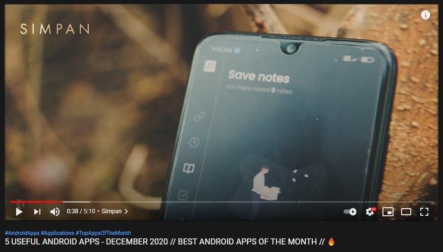 Simpan featured in a YouTube round-up of useful Android apps, December 2020